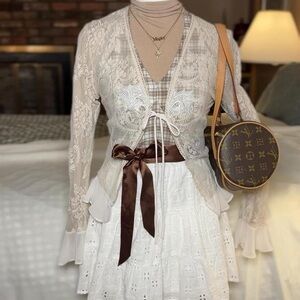 LUCIE ANN Sheer Cream Floral Lace Cardigan with Flared Bell Sleeves